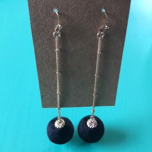 Earrings - gold long drop black balls